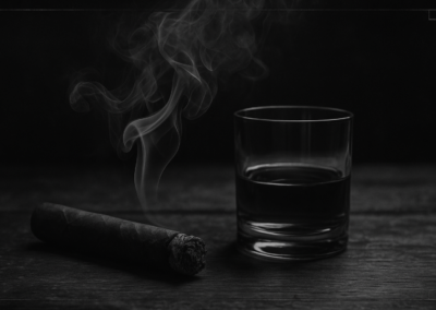 Cigar and whiskey glass with smoke at EDWINS Cigar Bar Cleveland