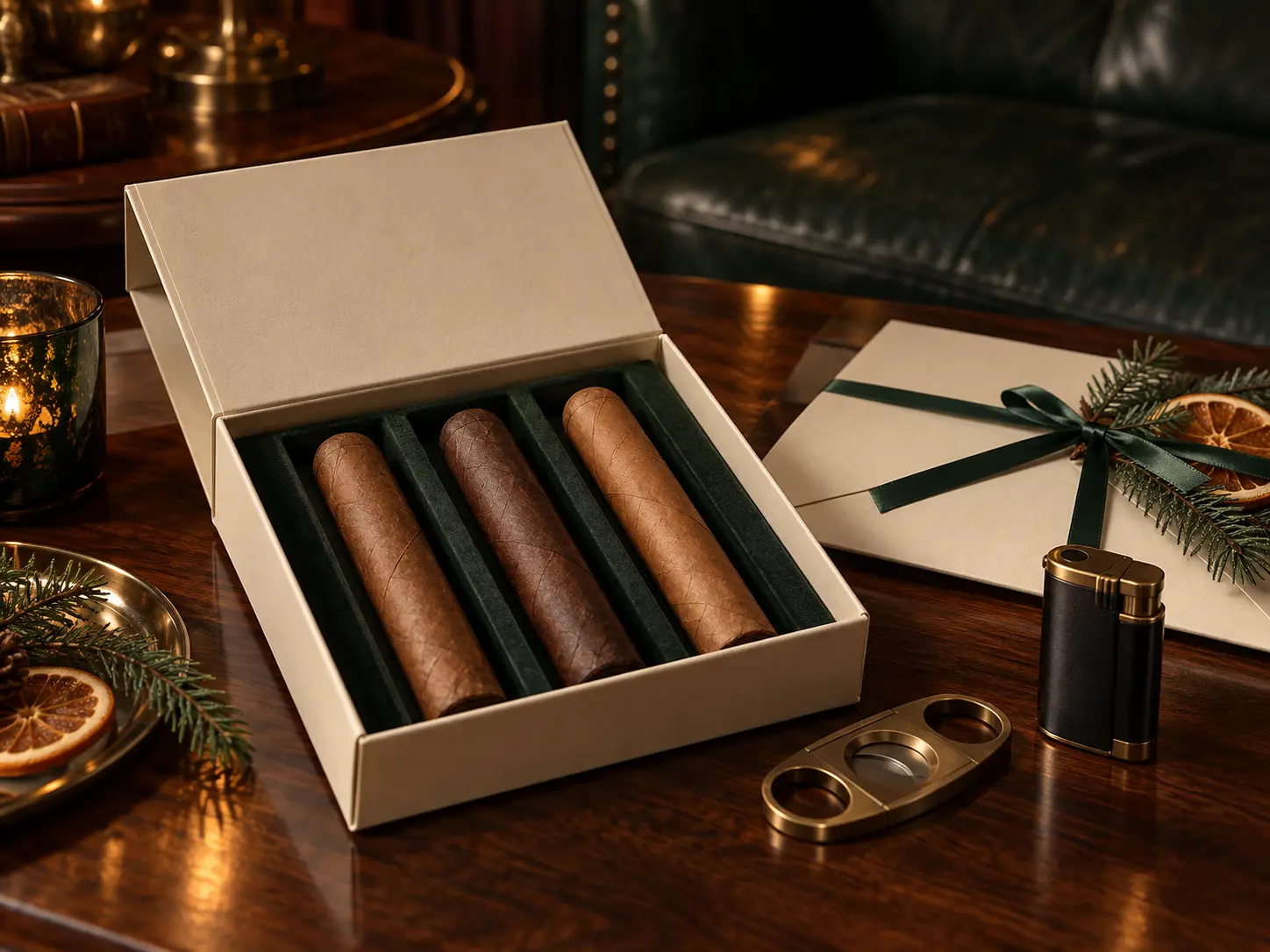 Three cigars presented in an elegant holiday gift box with a cutter and torch lighter